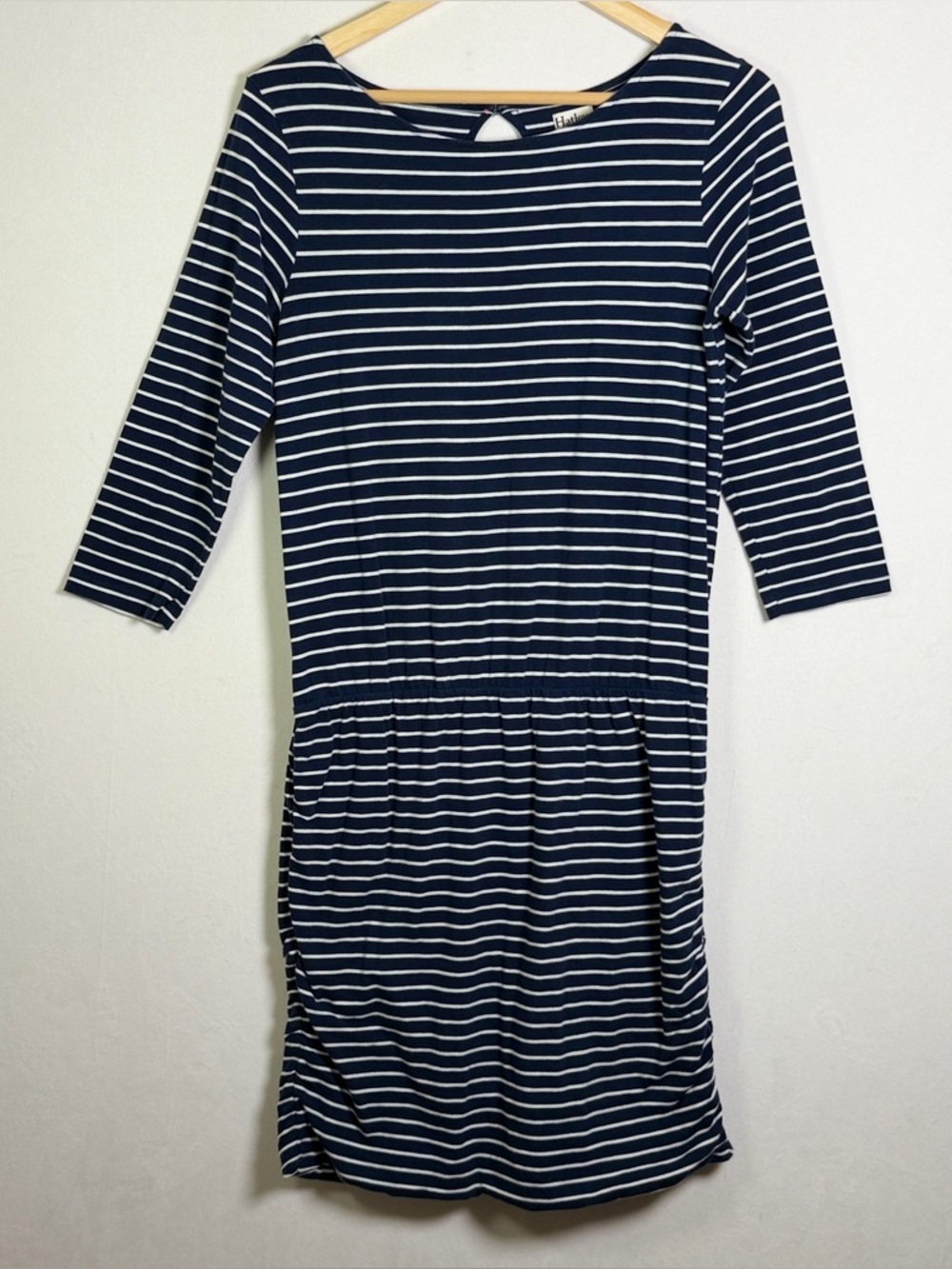 Hatley Women’s Navy White Striped Ruched Dress Sz M Nautical Coastal Preppy - Picture 2 of 9